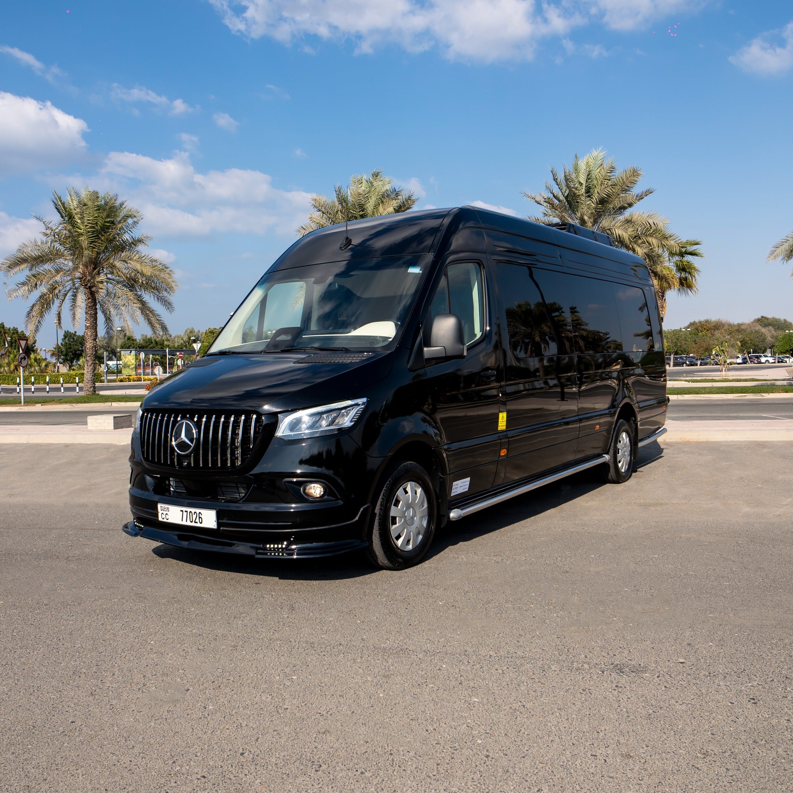 Maybach Mercedes Sprinter 19-seater luxury van hire in Dubai front exterior view