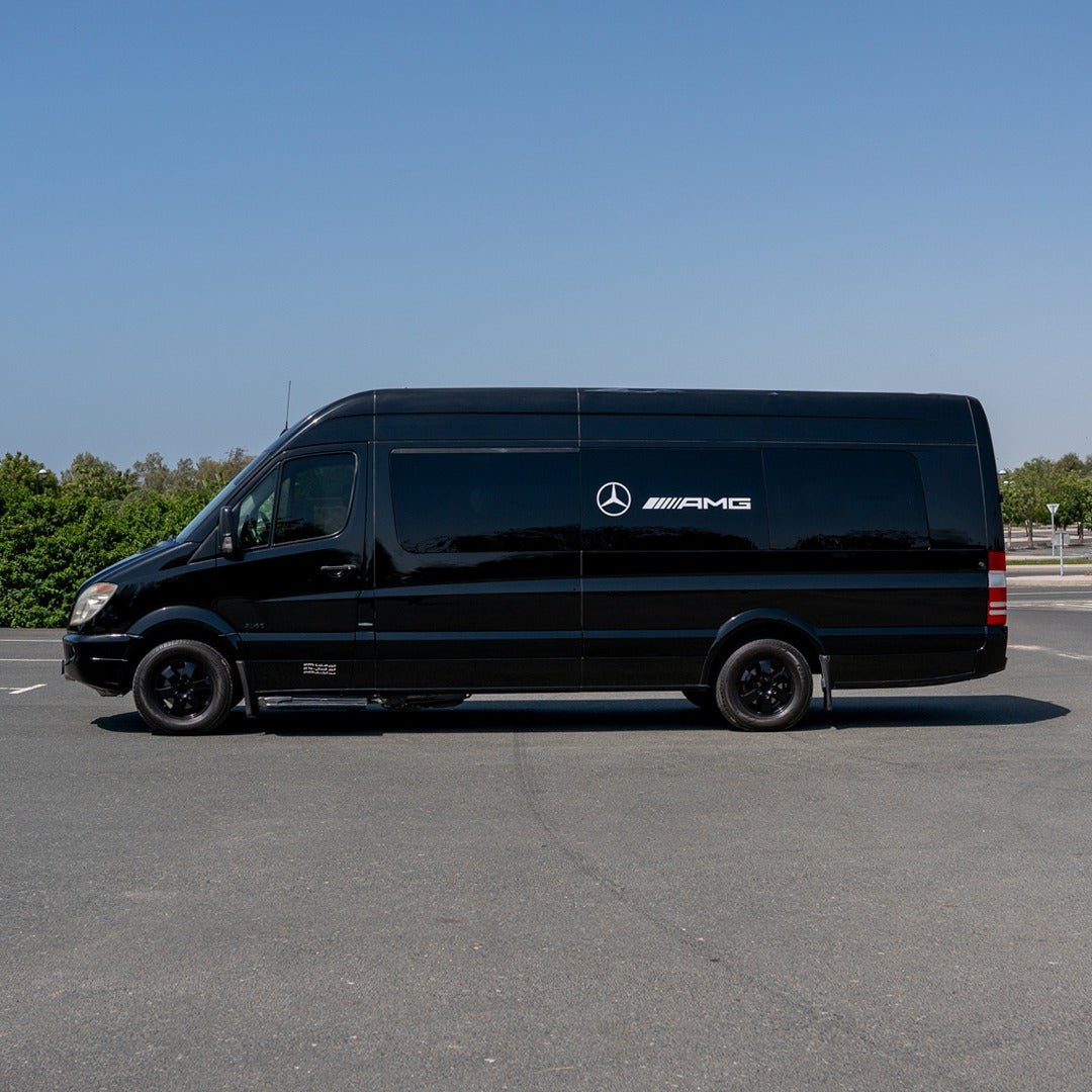 Side View of Premium Sprinter 12 Seater Luxury Van for Rent with Chauffeur in Dubai